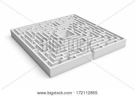 3d rendering of white square maze consruction with an entrance isolated on white background. Concept design. Abstract art