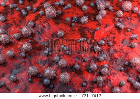 3d Abstract spherical virus on the surface of skin, mucous membrane or intestine. Realistic image of microbe, microorganism