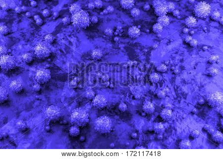 3d Abstract spherical virus on the surface of skin, mucous membrane or intestine. Realistic image of microbe, microorganism