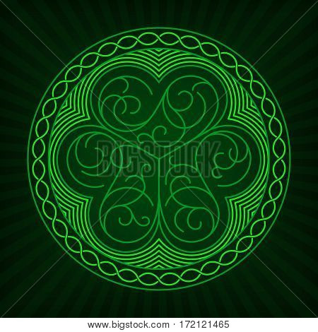 Stylized image of shamrock in outline style with celtic ornament on a green background.