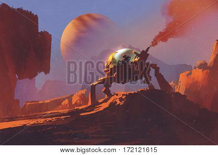 sci-fi scene of the man in the robotic vehicle on red planet, illustration painting
