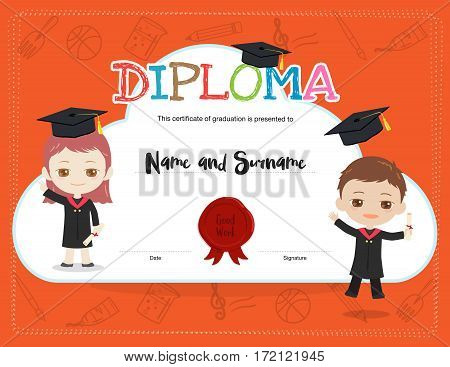 Colorful kids diploma certificate template in cartoon style with boy and girl wearing academic dress and graduation cap