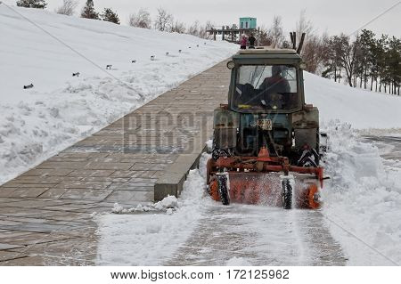Snow Removal After A Snowfall The Memorial Complex Mamaev Kurgan With A Special Tractor