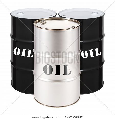 Black And Stainless Steel Oil Barrels Isolated On White Background. Black Gold