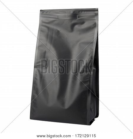 Black Blank Side Gusset Foil Coffee Bags With Degassing Valve Isolated on White Background. Packaging template mockup collection. Aluminium coffee package. Clipping Path