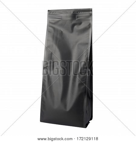 Black Blank Side Gusset Foil Coffee Bags With Degassing Valve Isolated on White Background. Aluminium coffee package. Packaging template mockup collection. Clipping Path