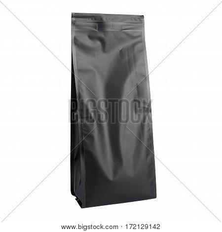 Black Kraft Paper Bag. Blank Side Gusset Foil Coffee Bag With Degassing Valve Isolated on White Background. Packaging template mockup collection. Clipping Path. Aluminium coffee package. PBi Block Bottom Pouch