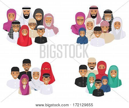 All age group of arab man family. Generations man. AArab people father, mother, grandmother, grandfather, son and daughter in traditional islamic clothes. Social concept. Family concept. Vector illustration.