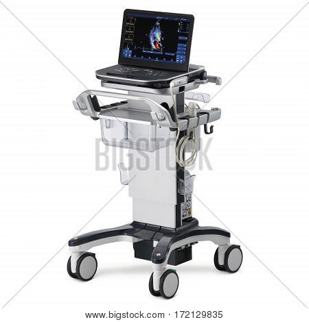Portable Cardiovascular Ultrasound Machines Isolated on White Background. Medical Diagnostic Equipment. Clipping Path
