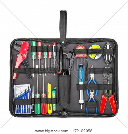 Tool Bag With Molded Base Isolated On White Background. Tool Kit. Tool Box Full Of Tools. Clipping P