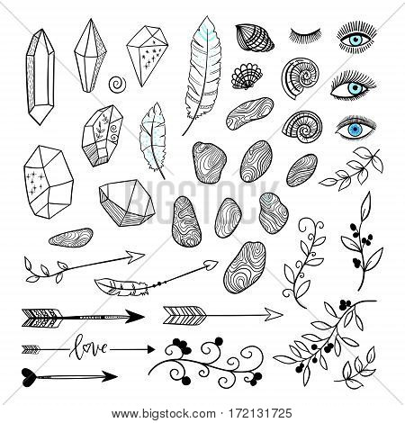 Vector boho background set with hand drawn arraw feather eyes shell stone branch.