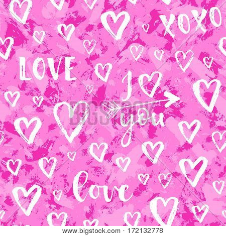 Vector Fashion Seamless Pattern With Hearts On Happy Valentines Day. Doodle Style