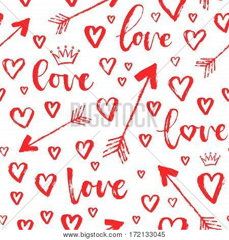 Vector Fashion Seamless Pattern With Hearts On Happy Valentines Day. Doodle Style