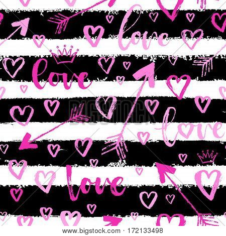 Vector Fashion Seamless Pattern With Hearts On Happy Valentines Day. Doodle Style