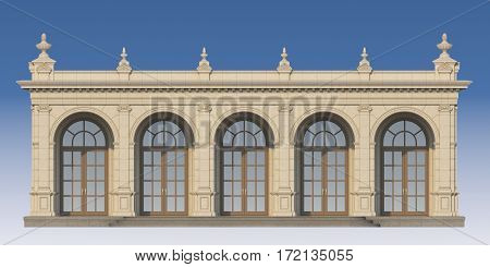 arcade from a stone with ionic pilasters. 3d render