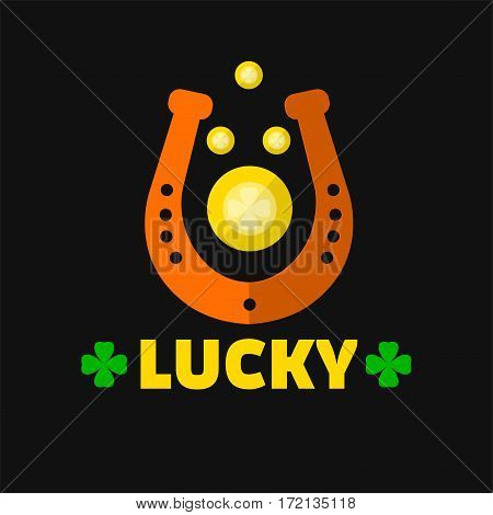 Lucky horseshoe for Saint Patrick day. Irish holiday symbol of leprechaun gold coins and shamrock clover leaf. Traditional Ireland celebration feast vector icon