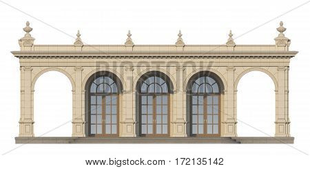 arcade from a stone with ionic pilasters on a white background. 3d render