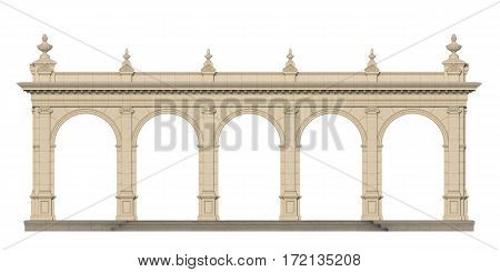 arcade from a stone with ionic pilasters on a white background. 3d render