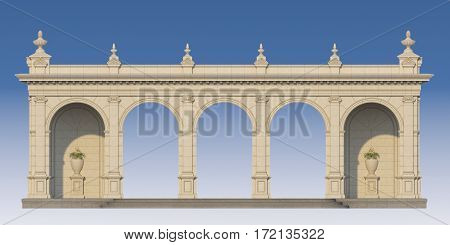 arcade from a stone with ionic pilasters. 3d render