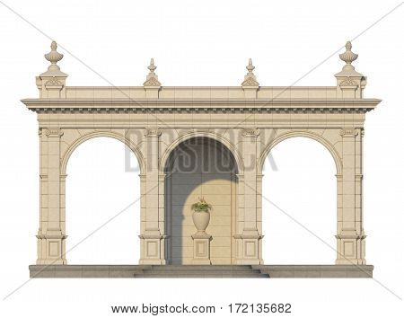 arcade from a stone with ionic pilasters on a white background. 3d render