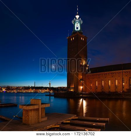 Scenic night view of the City Hall in the Old Town in Stockholm, Sweden, Gamla Stan