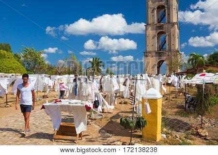 Manaca Iznaga Cuba - January 29 2017: Typical Cuban market near the Manaca Iznaga old slavery tower near Trinidad Cuba. The Manaca Iznaga Tower is the tallest lookout tower ever built in the Caribbean sugar region.