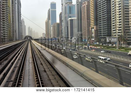 Dubai, United Arab Emirates - February 19, 2017, The Dubai Metro is a driverless, fully automated metro rail network in Dubai, United Arab Emirates