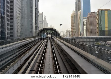 Dubai, United Arab Emirates - February 19, 2017, The Dubai Metro is a driverless, fully automated metro rail network in Dubai, United Arab Emirates