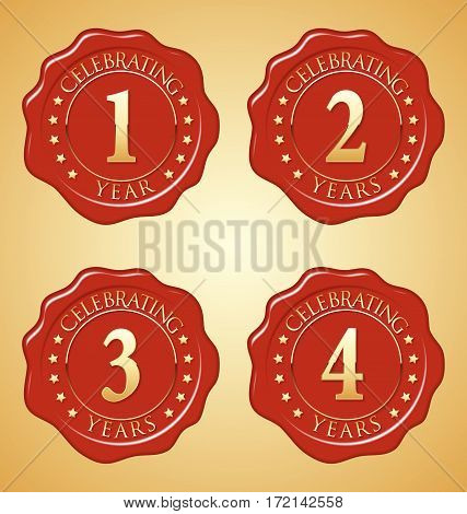 Vector Set of Anniversary Red Wax Seal on Gold Background.