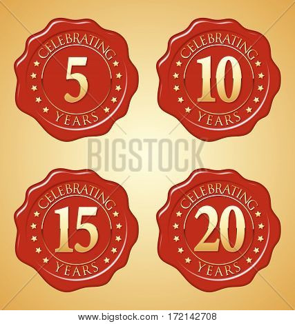 Vector Set of Anniversary Red Wax Seal on Gold Background.