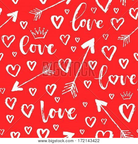 Vector Fashion Seamless Pattern With Hearts On Happy Valentines Day. Doodle Style
