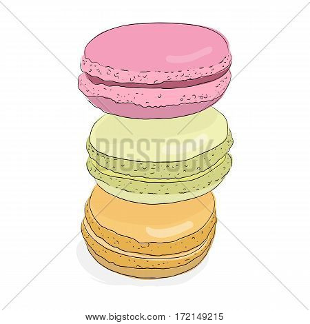 Set of isolated colorful doodle macaroon. Sketch macaroon. Macaroons handmade. Objects for design. French dessert. Cute macaroon with doodles. Vector illustration.