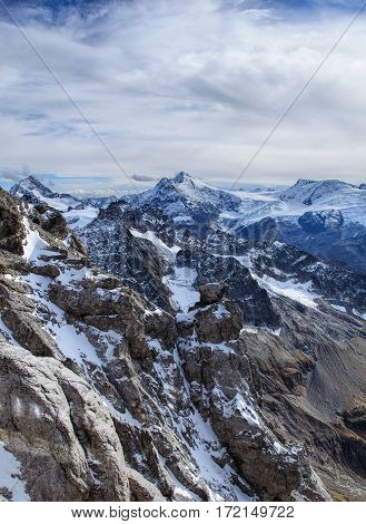 Wintertime view from Mt. Titlis. The Titlis a mountain in Switzerland, located on the border between Swiss cantons of Obwalden and Bern.