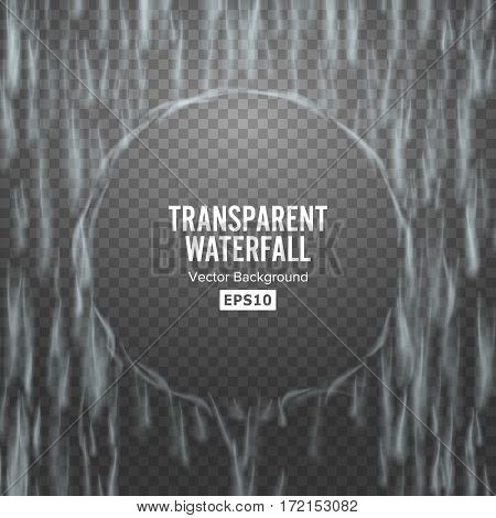 Transparent Waterfall Vector. Abstract Falling Water Texture. Nature Or Artificial Blue Water Drops Wall. Checkered Background. Illustration Blank Good For Banner, Brochure