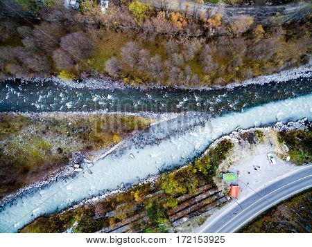 Inspiring Aragvi river junction, leading to picturesque Georgian Military Road, Eastern Georgia, topshot