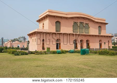 DHAKA, BANGLADESH - FEBRUARY 22, 2014: Exterior of the Historical Museum Building of The mausoleum of Bibipari in Lalbagh Fort, Dhaka, Bangladesh