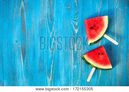 Fresh Watermelon Popsicle Yummy Fresh Summer Fruit Sweet Dessert On Vintage Old Wood Blue Background