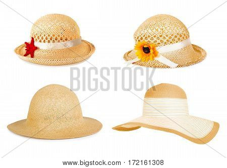 Set The Summer Straw Hat Isolated On Background