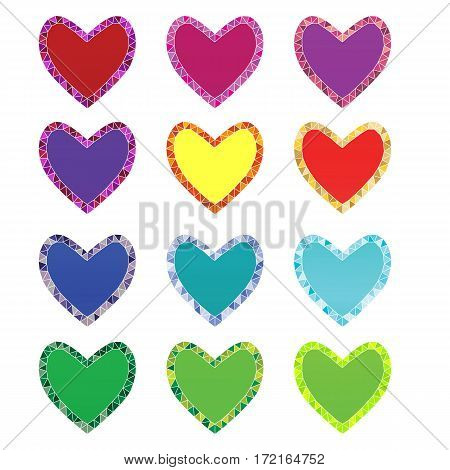 colorful isolated decorative hearts with mosaic outline on white background. vector illustration.