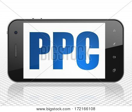 Advertising concept: Smartphone with blue text PPC on display, 3D rendering