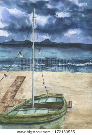 Watercolor summer print with sea landscape and old boat. Hand painted stormy sky with clouds, sea, sand coast, shallop. Artist card for design