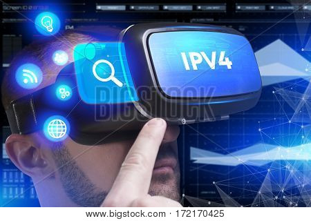 Business, Technology, Internet And Network Concept. Young Businessman Working In Virtual Reality Gla