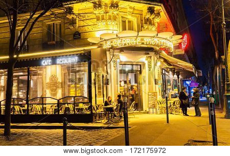 Paris France-February 15 2017: The cafe Le Cepage Montmartrois at night located in Montmartre area of ParisFrance.