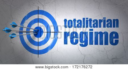 Success politics concept: arrows hitting the center of target, Blue Totalitarian Regime on wall background, 3D rendering