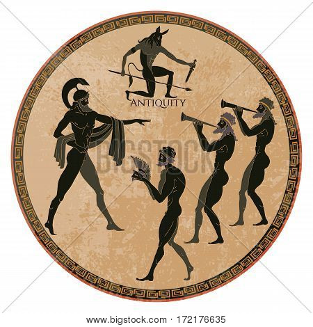 Ancient Greece scene. Black figure pottery. Classical Ancient Greek style. Hunting for Minotaur gods fighter