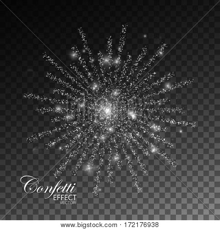 Fireworks isolated on transparent checkered background. Glowing explode of sparkling particles and stras. Sparkling glitters burst. Decoration holiday element for design. Festive ornament