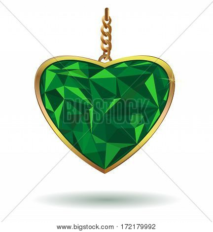 Love Heart Emerald Gemstone. Emerald heart in a gold frame. Vector illustration