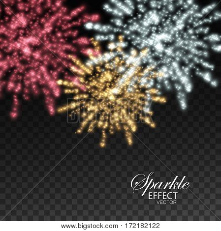 Fireworks isolated on transparent checkered background. Glowing explode of sparkling particles and stras. Sparkling star burst. Decoration holiday element for design. Festive ornament