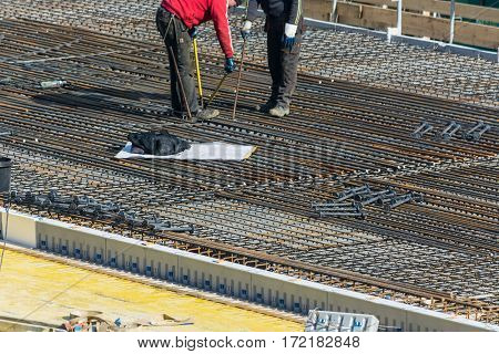 VELBERT NRW GERMANY - MARCH 17 2016: Preparation for concrete work construction of a residential and commercial building in Velbert City.