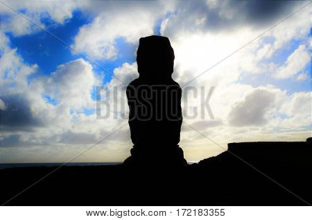 Silhouette of Moai at Ahu Tahai in Hanga Roa in Rapa Nui Easter Island Chile South America